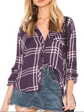 Rails Hunter Navy Petal Pink Purple Plaid Button-Down Rayon Shirt Large